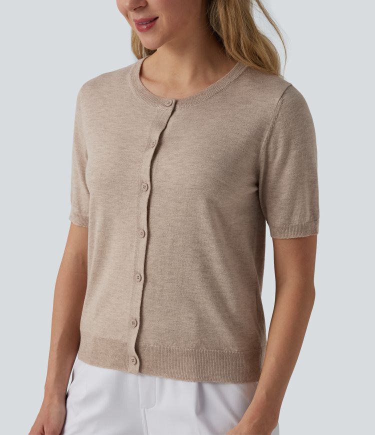 rundhalsausschnitt kurzärmelige arbeitsstrickjacke aus wollmischung