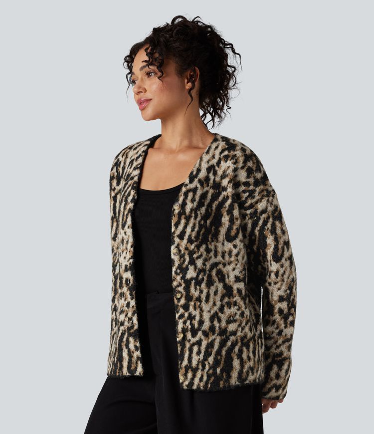lässige strickjacke mit v-ausschnitt und leopardenmuster aus wollmischung