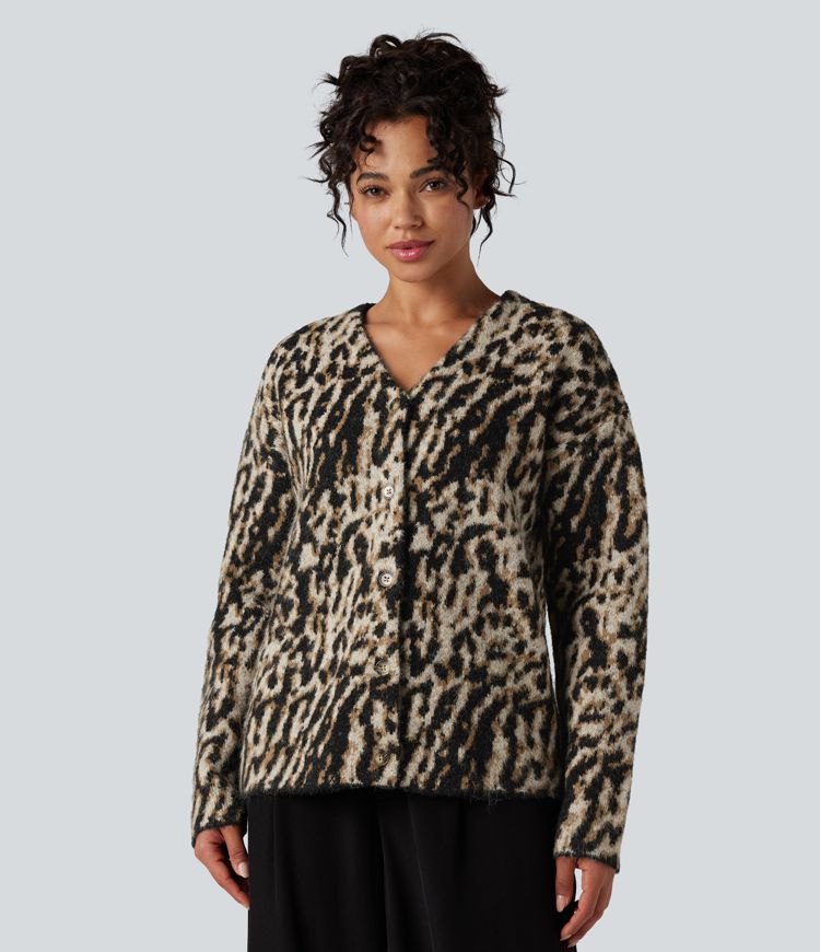 lässige strickjacke mit v-ausschnitt und leopardenmuster aus wollmischung