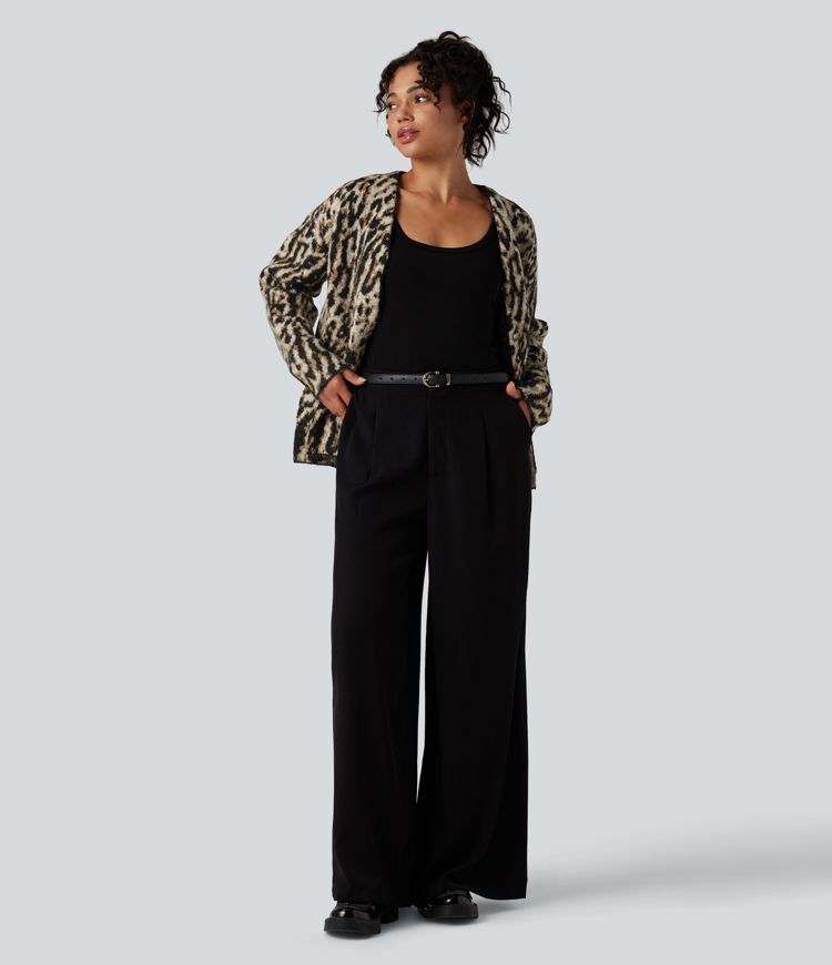 lässige strickjacke mit v-ausschnitt und leopardenmuster aus wollmischung