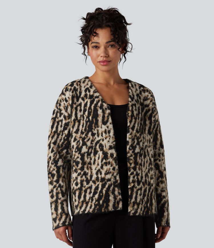 lässige strickjacke mit v-ausschnitt und leopardenmuster aus wollmischung
