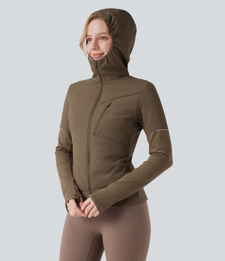 kapuzen-laufjacke mit reißverschluss langen Ärmeln daumenlöchern und tasche