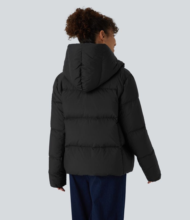 wasserabweisende lässige steppjacke mit kapuze seitlicher reißverschlusstasche und druckknopfverschluss