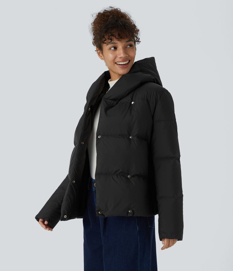 wasserabweisende lässige steppjacke mit kapuze seitlicher reißverschlusstasche und druckknopfverschluss