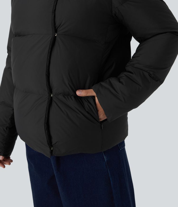 wasserabweisende lässige steppjacke mit kapuze seitlicher reißverschlusstasche und druckknopfverschluss