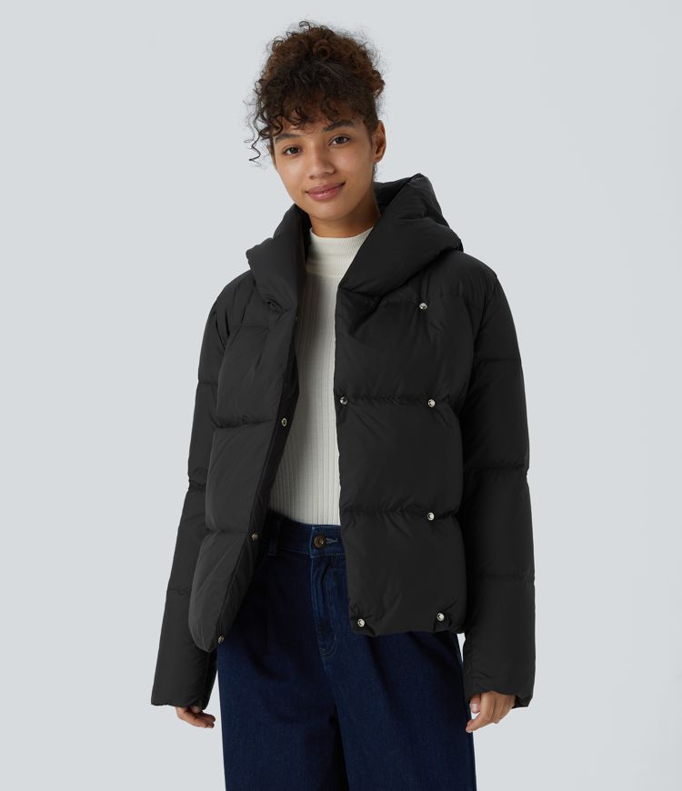wasserabweisende lässige steppjacke mit kapuze seitlicher reißverschlusstasche und druckknopfverschluss