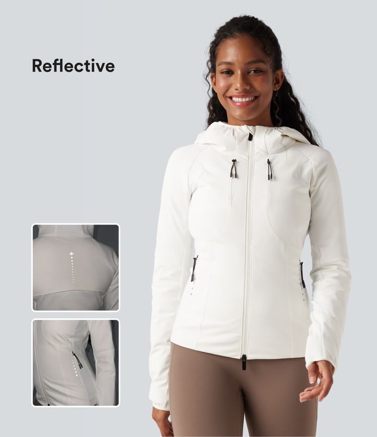 reflektierende daunen-laufjacke mit kapuze und taschen