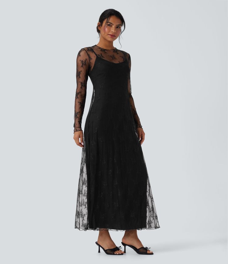 langärmliges zweiteiliges maxikleid aus spitze für den alltag