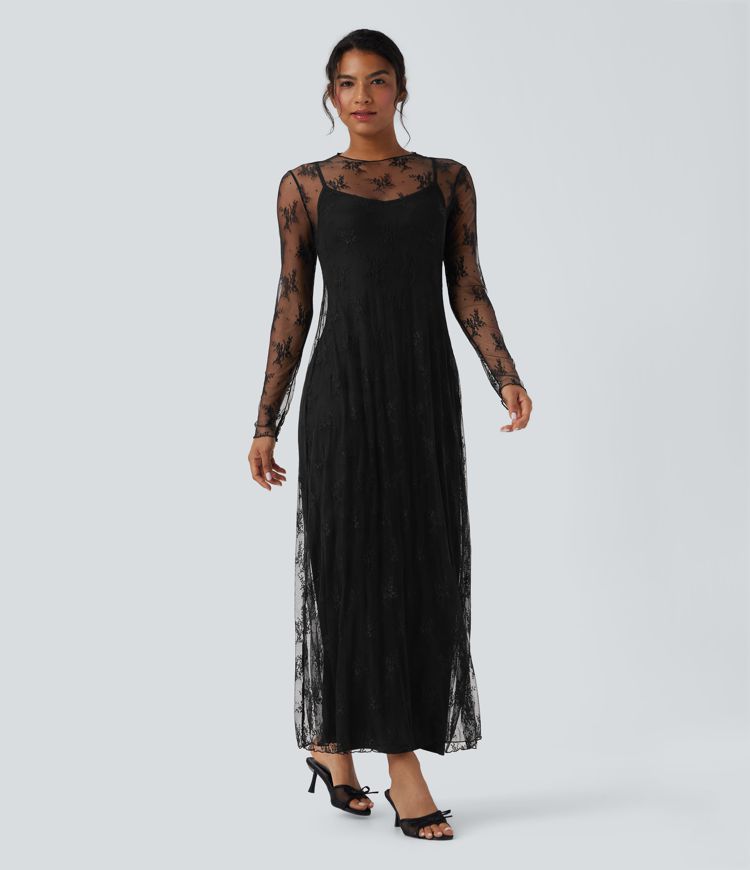langärmliges zweiteiliges maxikleid aus spitze für den alltag