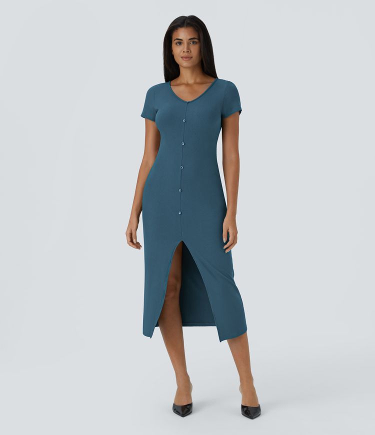 geripptes strickkleid mit v-ausschnitt midi-länge lässig
