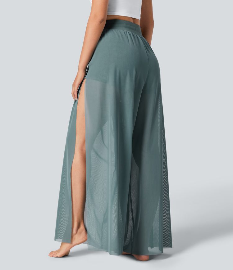 hochgeschnittene yogahose mit kordelzug kontrastfarbenem mesh-gewebe 2-in-1-tasche und fließendem weitem bein