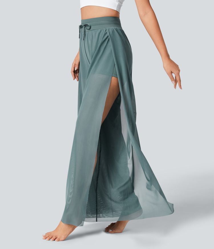 hochgeschnittene yogahose mit kordelzug kontrastfarbenem mesh-gewebe 2-in-1-tasche und fließendem weitem bein