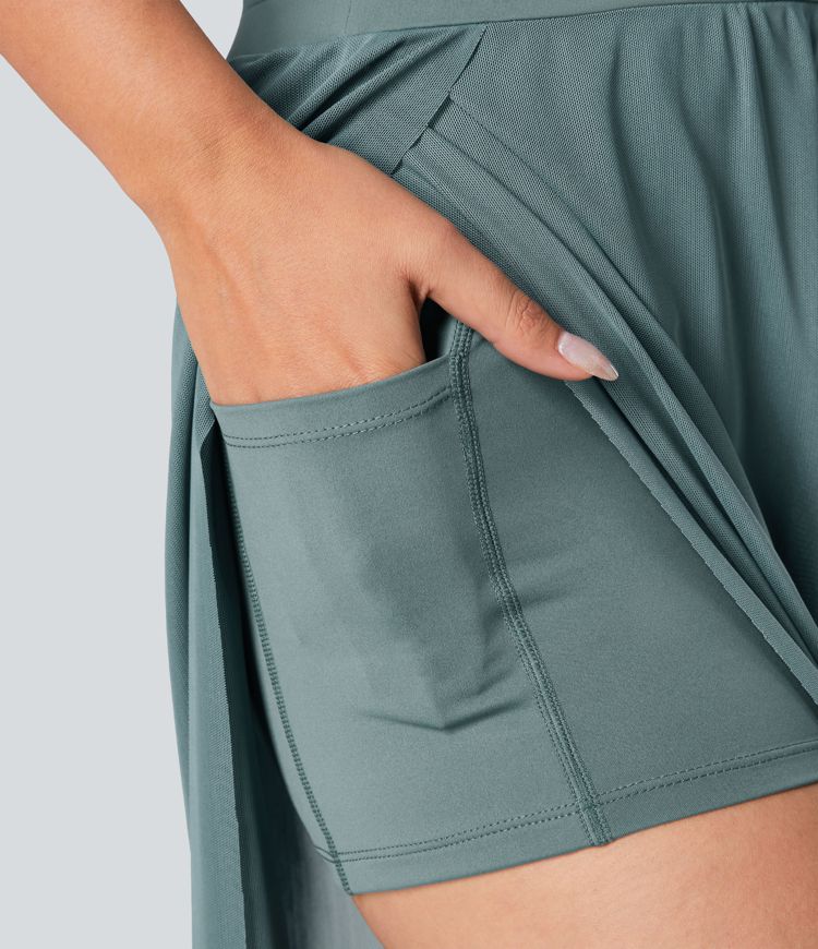 hochgeschnittene yogahose mit kordelzug kontrastfarbenem mesh-gewebe 2-in-1-tasche und fließendem weitem bein