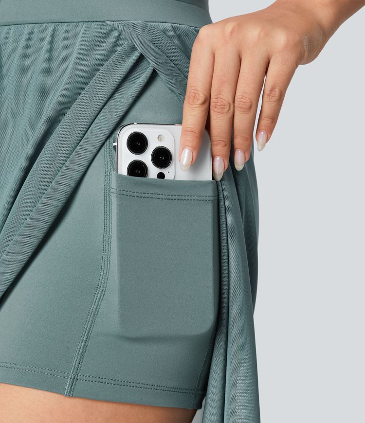 hochgeschnittene yogahose mit kordelzug kontrastfarbenem mesh-gewebe 2-in-1-tasche und fließendem weitem bein