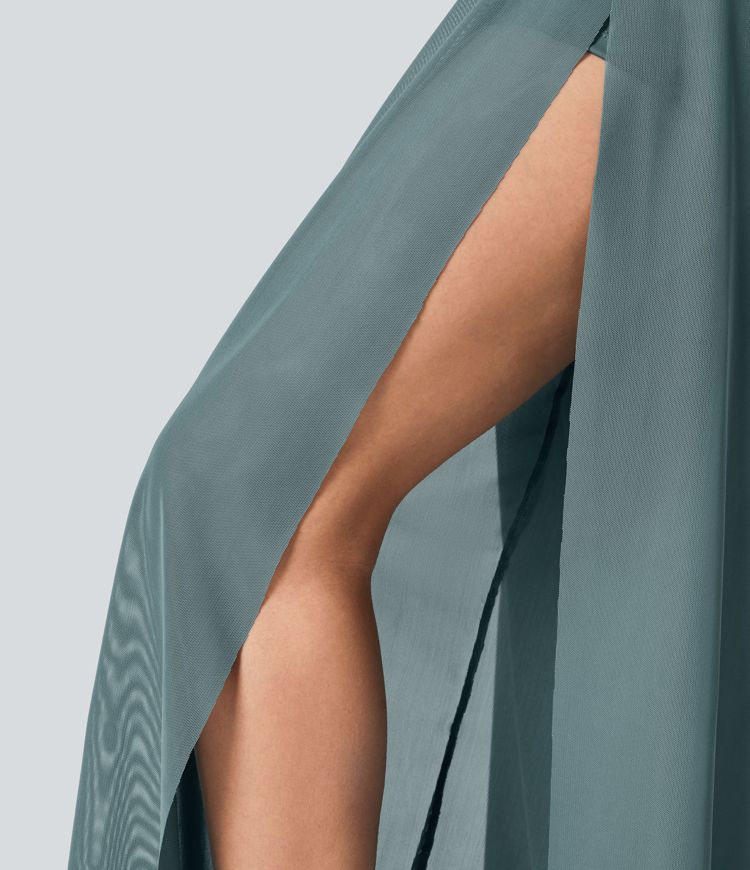 hochgeschnittene yogahose mit kordelzug kontrastfarbenem mesh-gewebe 2-in-1-tasche und fließendem weitem bein