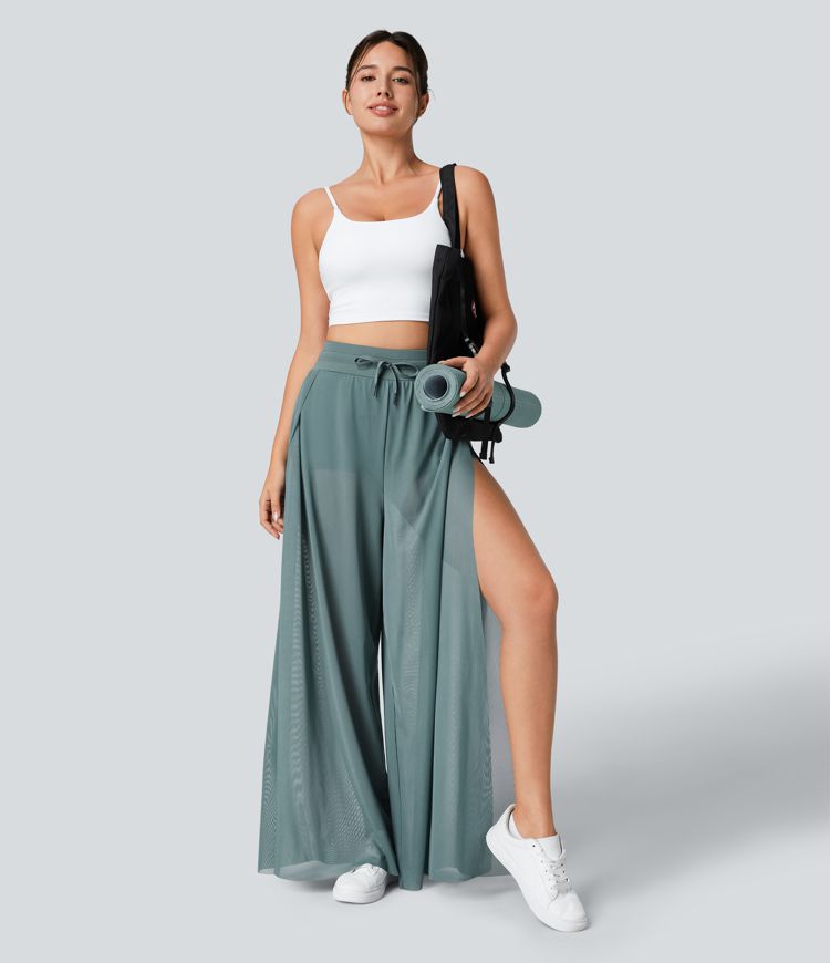 hochgeschnittene yogahose mit kordelzug kontrastfarbenem mesh-gewebe 2-in-1-tasche und fließendem weitem bein