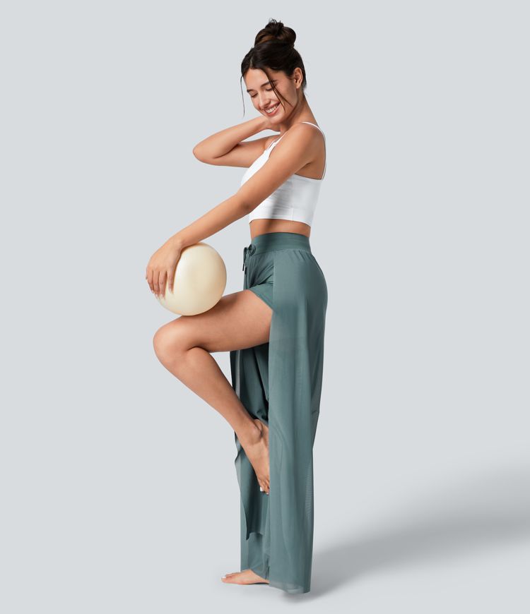hochgeschnittene yogahose mit kordelzug kontrastfarbenem mesh-gewebe 2-in-1-tasche und fließendem weitem bein
