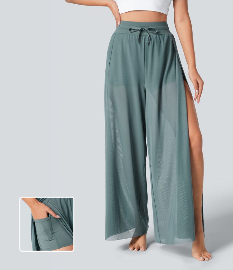 hochgeschnittene yogahose mit kordelzug kontrastfarbenem mesh-gewebe 2-in-1-tasche und fließendem weitem bein