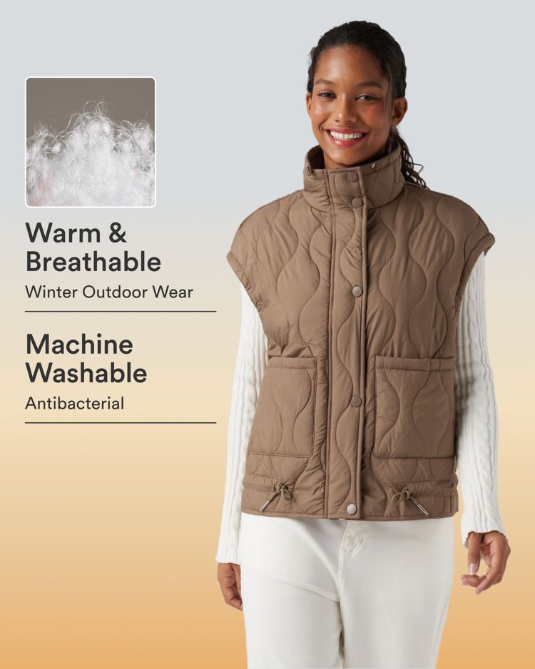 strapazierfähige wasserabweisende hochgeschlossene gesteppte weste mit kordelzug am saum und taschen aus synthetikdaunen