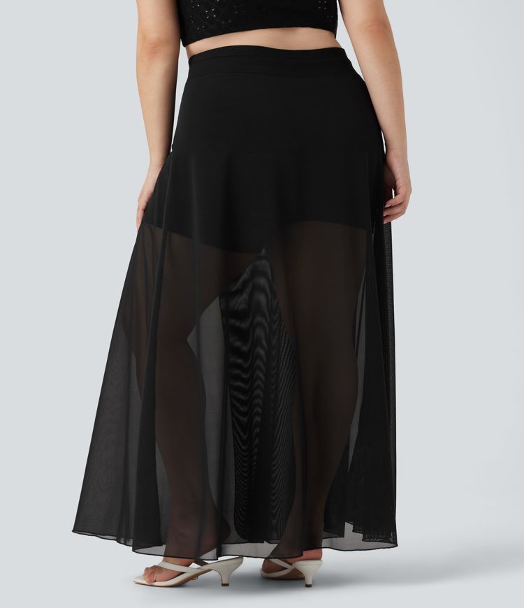 plus size high waisted cordging contrast mesh 2-in-1 flowy maxi rock mit taschen