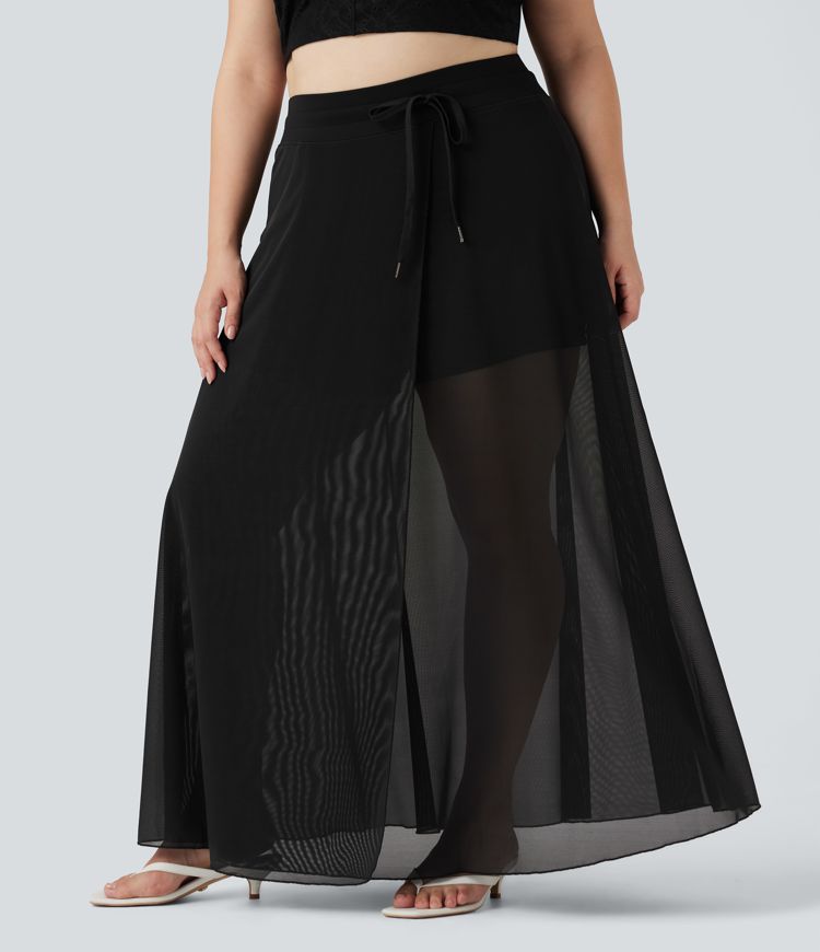 plus size high waisted cordging contrast mesh 2-in-1 flowy maxi rock mit taschen