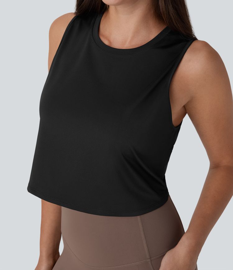 kurzes yoga-tanktop mit cut-out-crossover-saum
