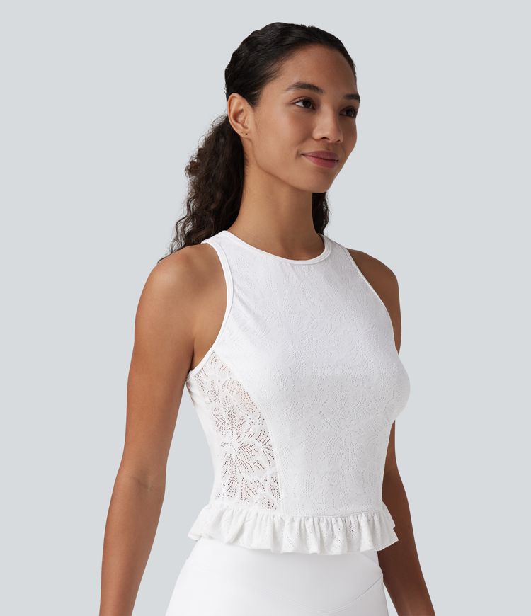 lässiges tanktop mit rundhalsausschnitt rüschensaum und spitze