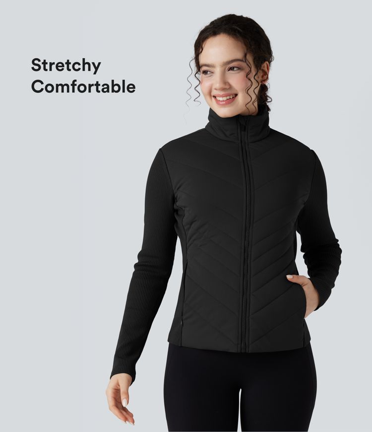hochgeschlossene kontrastfarbene rippstrick-steppjacke in schmaler lässiger passform mit taschen