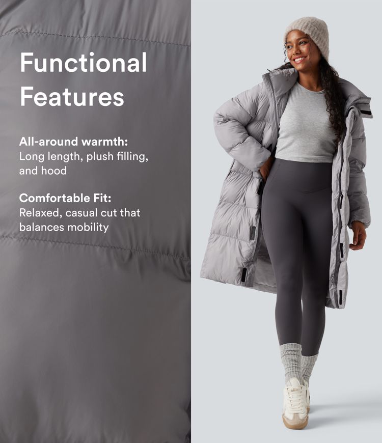 lange lässige steppjacke mit kapuze reißverschluss und taschen
