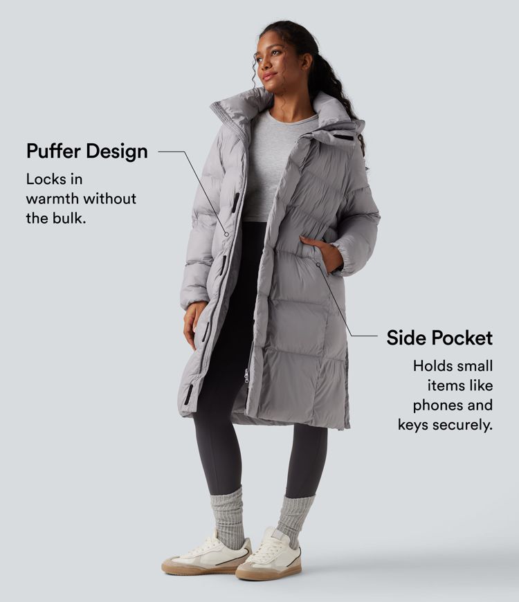 lange lässige steppjacke mit kapuze reißverschluss und taschen
