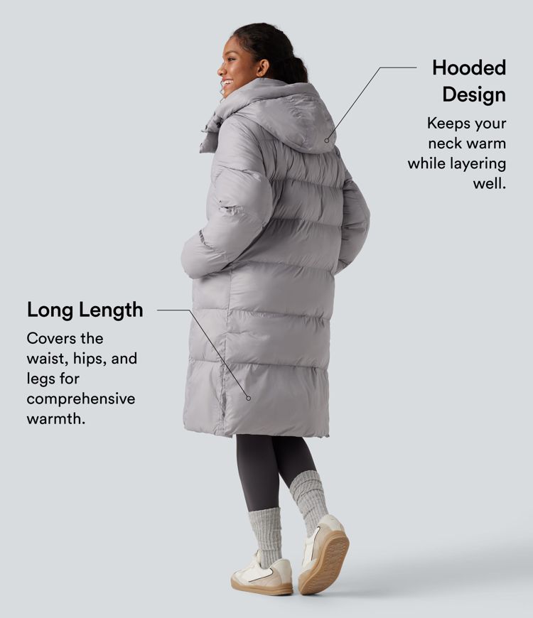 lange lässige steppjacke mit kapuze reißverschluss und taschen