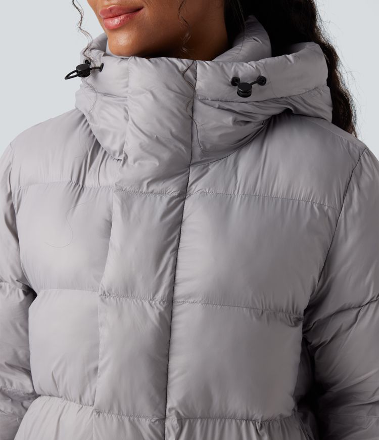 lange lässige steppjacke mit kapuze reißverschluss und taschen