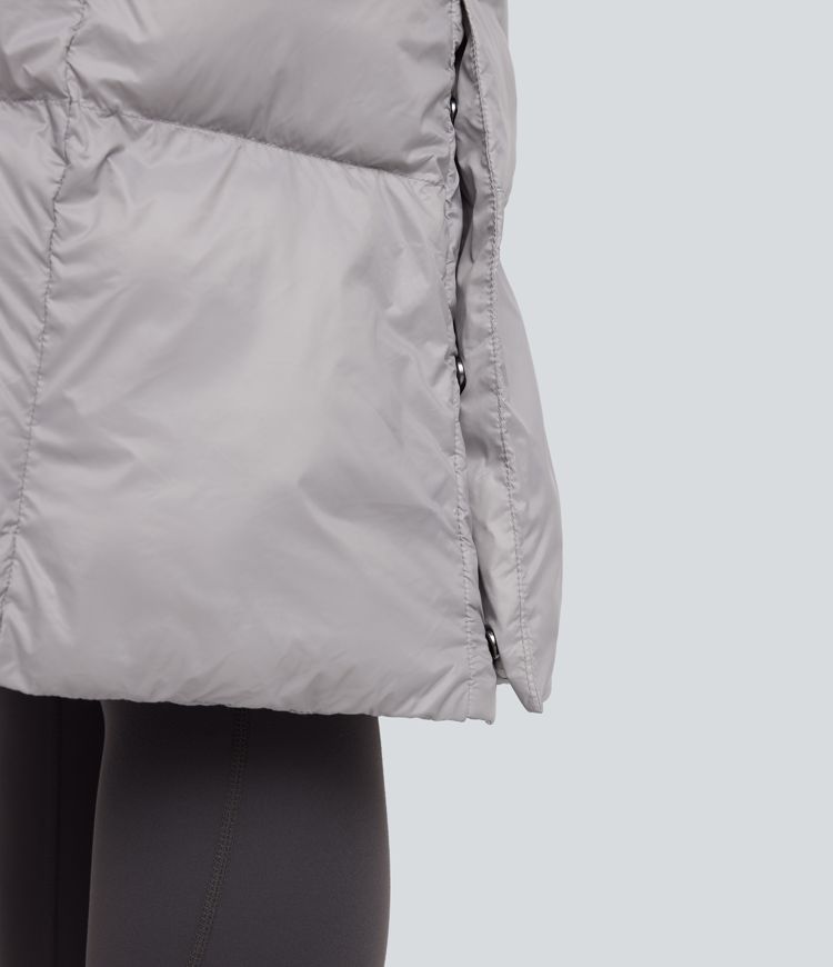 lange lässige steppjacke mit kapuze reißverschluss und taschen
