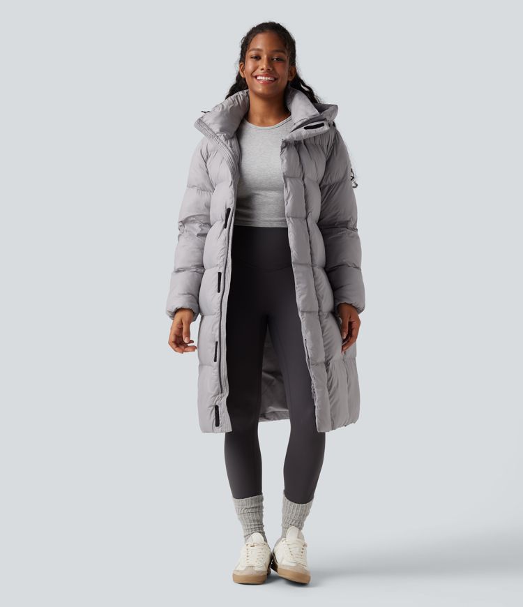 lange lässige steppjacke mit kapuze reißverschluss und taschen