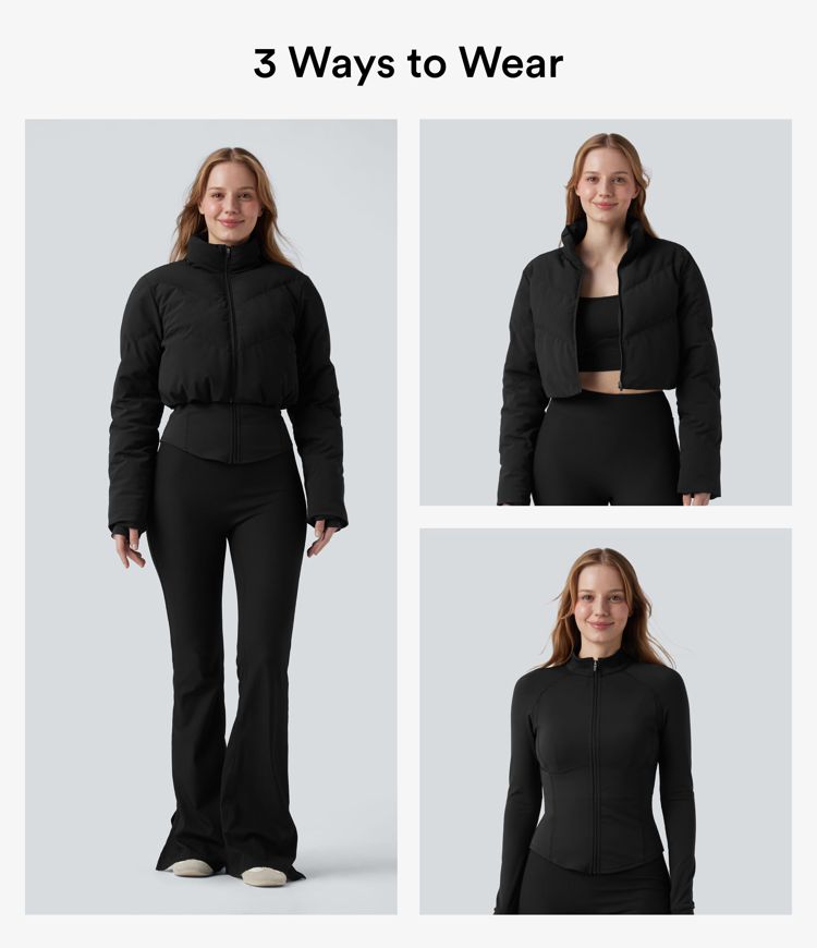 puffflex 3-in-1 stehkragen-pufferjacke in kurzem schnitt mit daumenlöchern abgerundetem saum und tasche