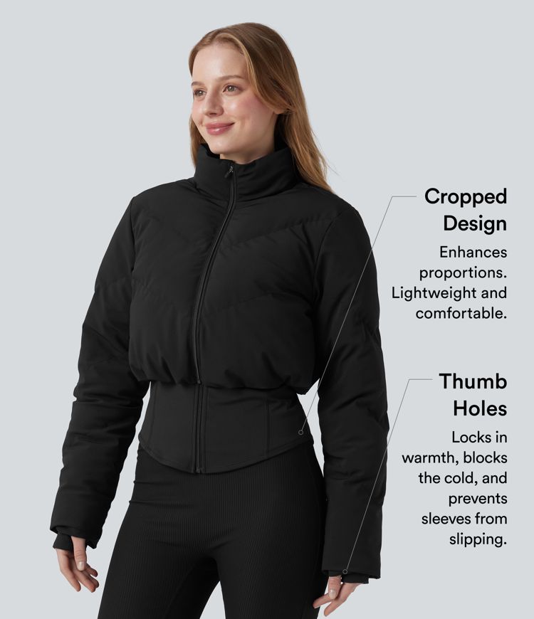 puffflex 3-in-1 stehkragen-pufferjacke in kurzem schnitt mit daumenlöchern abgerundetem saum und tasche