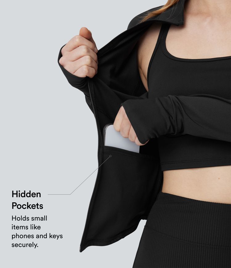 puffflex 3-in-1 stehkragen-pufferjacke in kurzem schnitt mit daumenlöchern abgerundetem saum und tasche