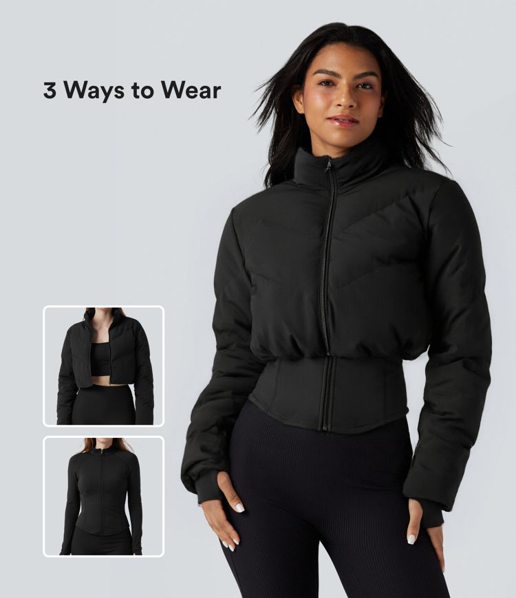 puffflex 3-in-1 stehkragen-pufferjacke in kurzem schnitt mit daumenlöchern abgerundetem saum und tasche