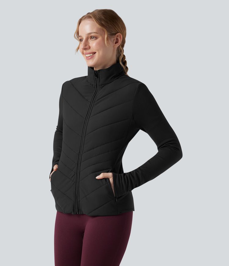 steppjacke mit stehkragen reißverschluss langen Ärmeln und taschen