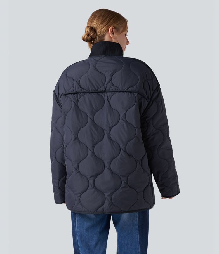 lässige gesteppte freizeitjacke mit hohem kragen reißverschluss langen Ärmeln und taschen