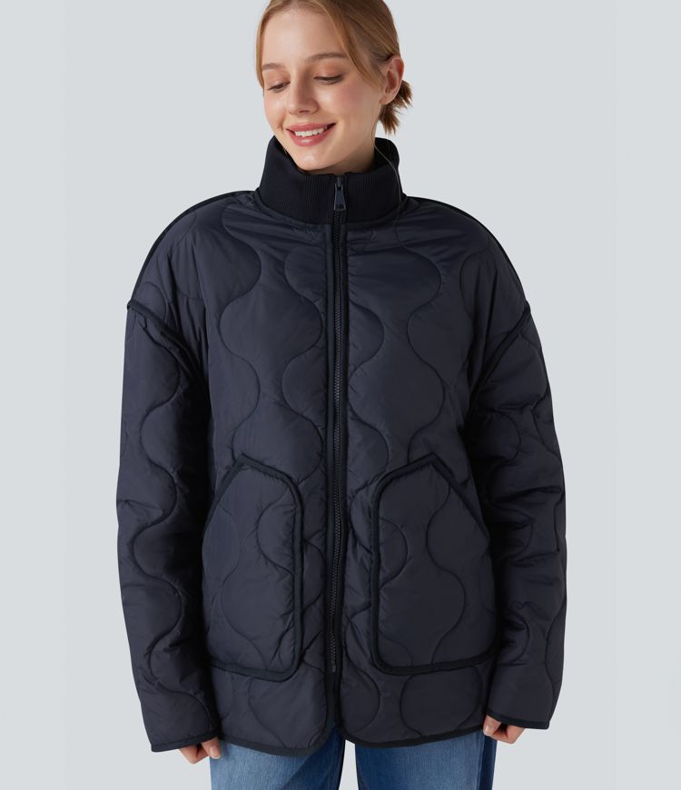 lässige gesteppte freizeitjacke mit hohem kragen reißverschluss langen Ärmeln und taschen