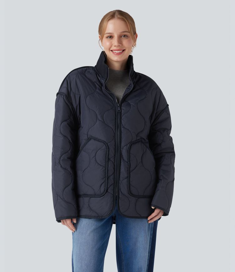 lässige gesteppte freizeitjacke mit hohem kragen reißverschluss langen Ärmeln und taschen