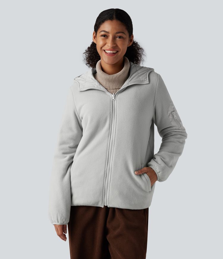 wendbare wattierte fleecejacke mit kapuze reißverschluss langen Ärmeln und taschen zwei looks in einem