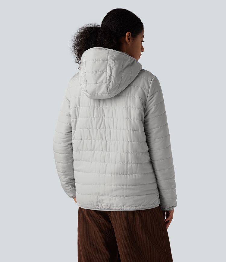 wendbare wattierte fleecejacke mit kapuze reißverschluss langen Ärmeln und taschen zwei looks in einem