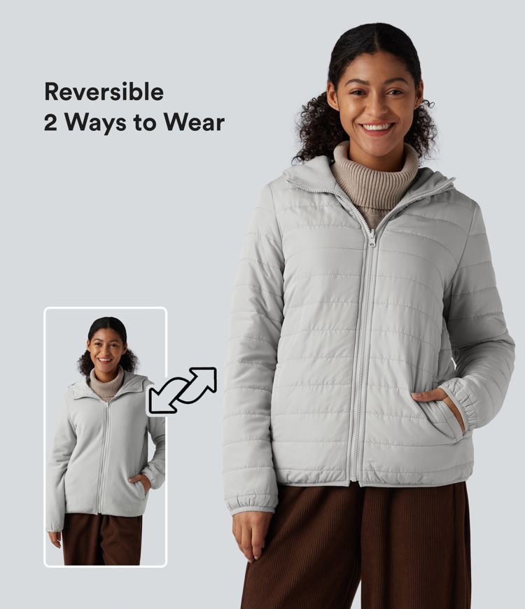 wendbare wattierte fleecejacke mit kapuze reißverschluss langen Ärmeln und taschen zwei looks in einem