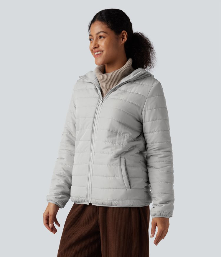 wendbare wattierte fleecejacke mit kapuze reißverschluss langen Ärmeln und taschen zwei looks in einem