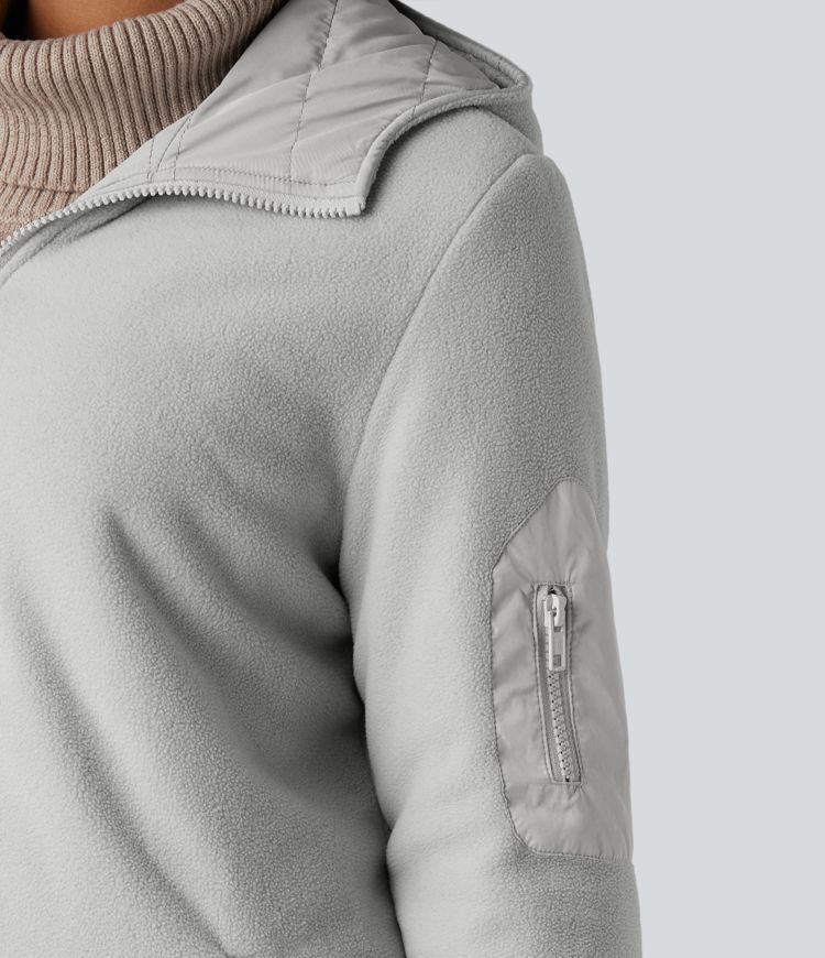 wendbare wattierte fleecejacke mit kapuze reißverschluss langen Ärmeln und taschen zwei looks in einem