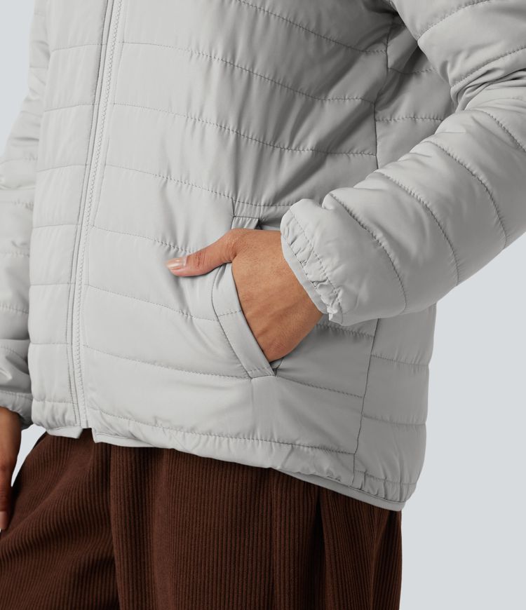 wendbare wattierte fleecejacke mit kapuze reißverschluss langen Ärmeln und taschen zwei looks in einem