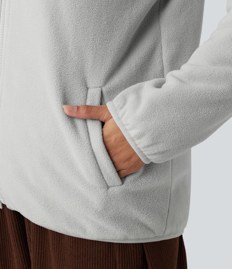 wendbare wattierte fleecejacke mit kapuze reißverschluss langen Ärmeln und taschen zwei looks in einem