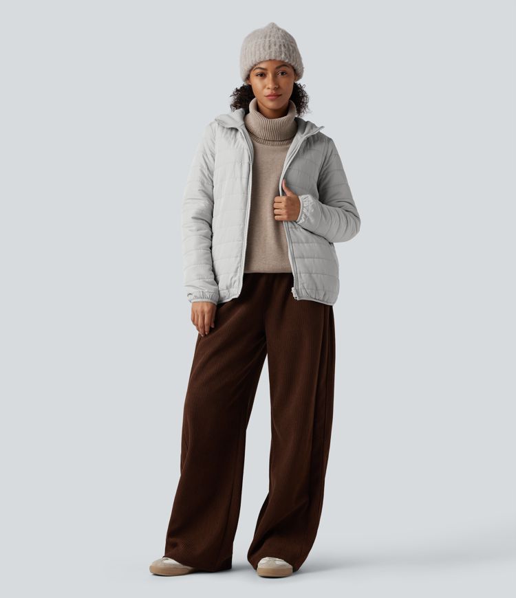 wendbare wattierte fleecejacke mit kapuze reißverschluss langen Ärmeln und taschen zwei looks in einem